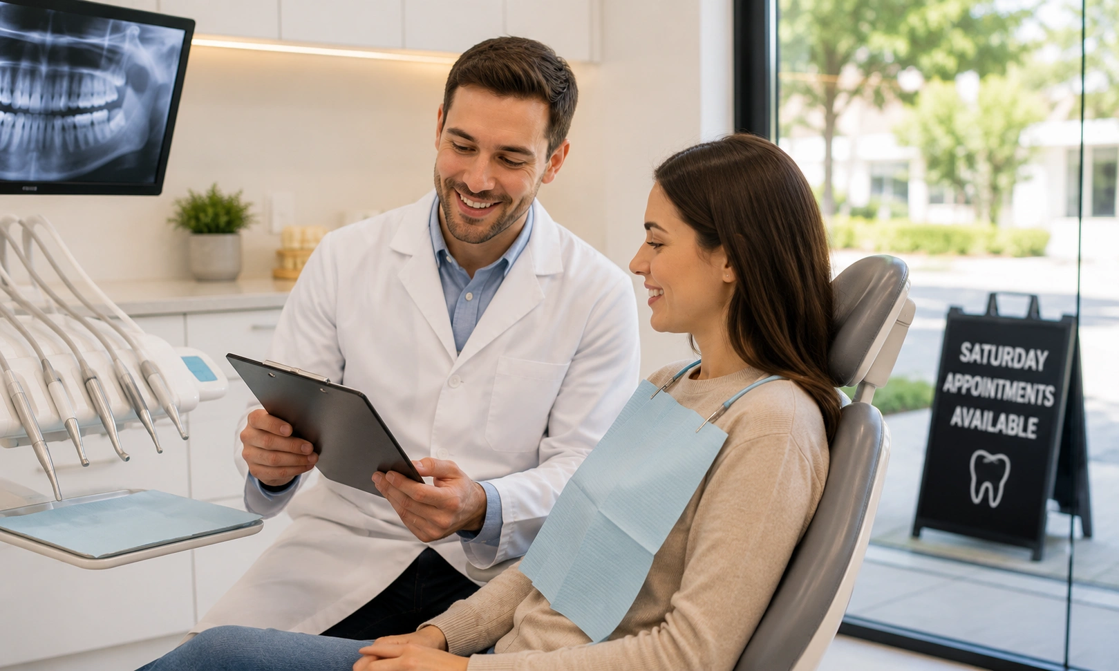 Dentist consulting with a patient during a Saturday dental appointment at a dental office