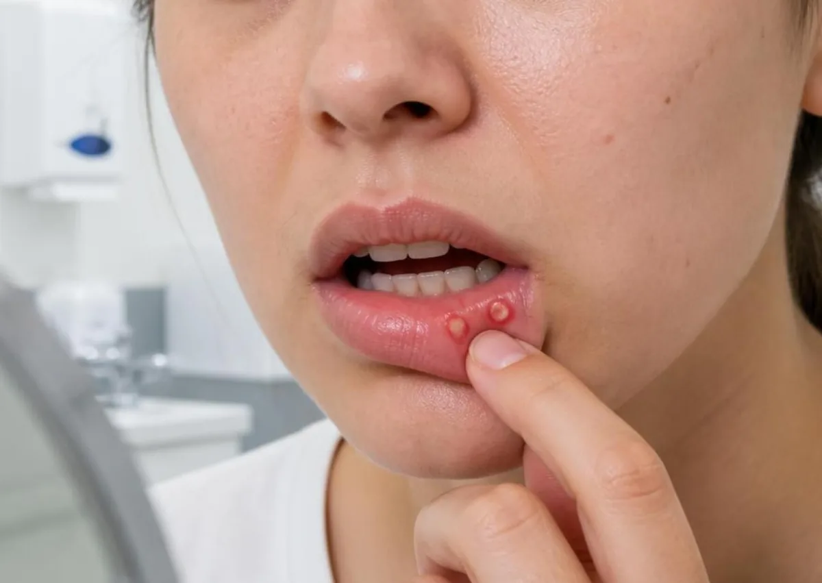 Close-up of canker sores on the lower lip showing oral ulcers that typically heal over time.